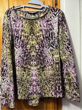 Jennifer Lopez Long-Sleeve Blouse in Purple, Yellow, & Black Abstract Print